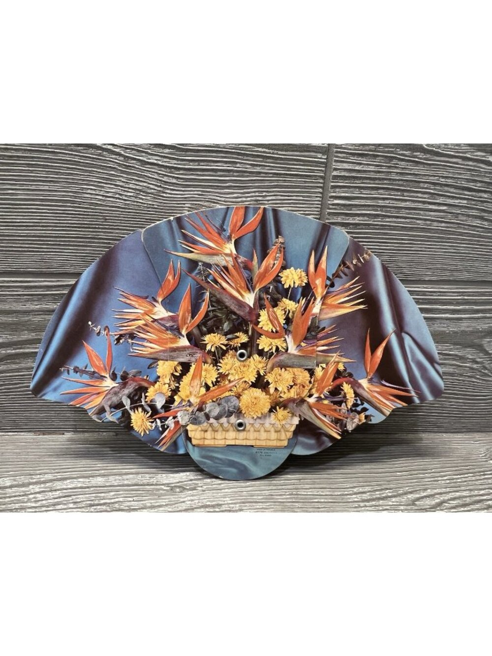 Vintage 1960s Folding Picture Fan Bird of Paradise Floral Stop Forest Fires